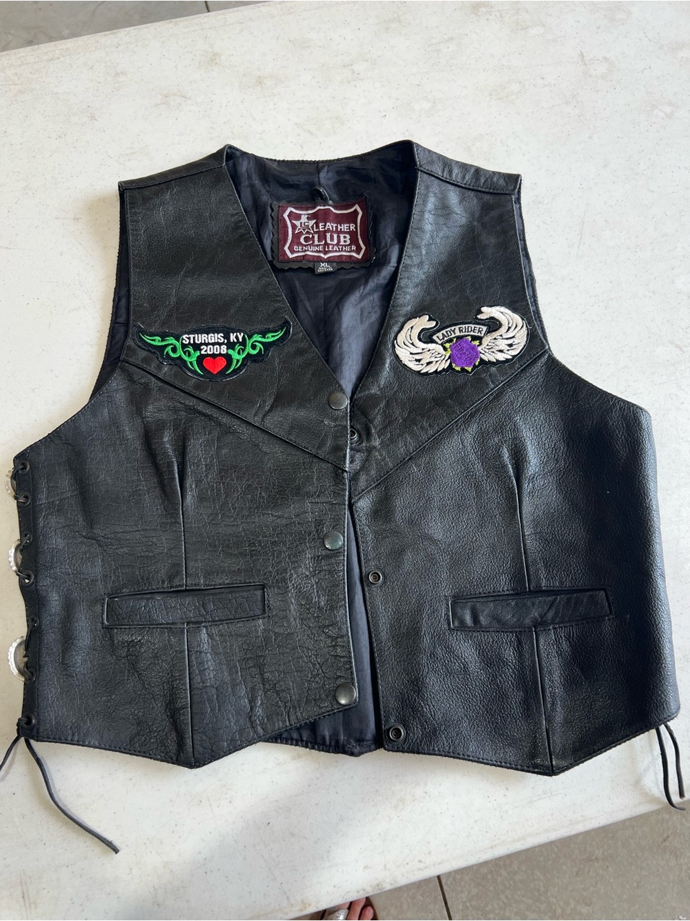 Women's Black Leather Vest with Embroidered Patches